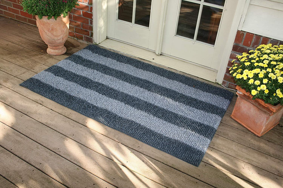CLEAN MACHINE Patio Stripe Charcoal Dirt Trapper Doormat on exterior entry with weather-ready texture