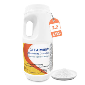 ClearView chlorine granules bottle showing fast-dissolve action for quick pool treatment.
