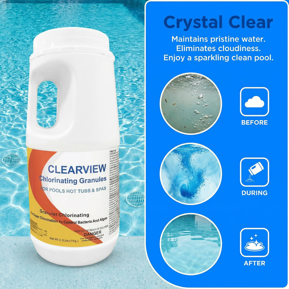 Measuring scoop and bag showing bacteria and algae control in pools.