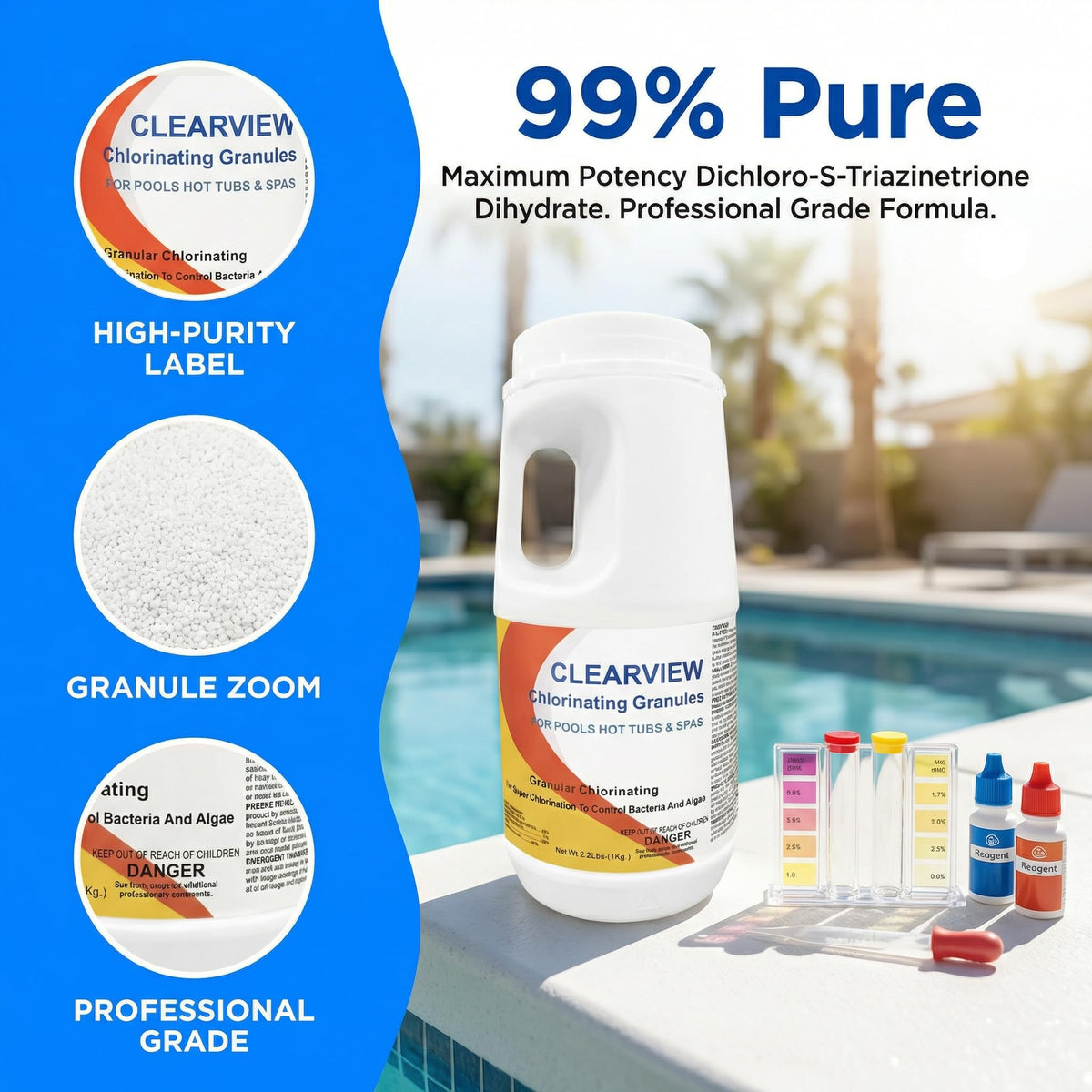 Calcium-free formula illustration prevents mineral buildup in hard-water pools.