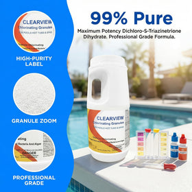 Calcium-free formula illustration prevents mineral buildup in hard-water pools.