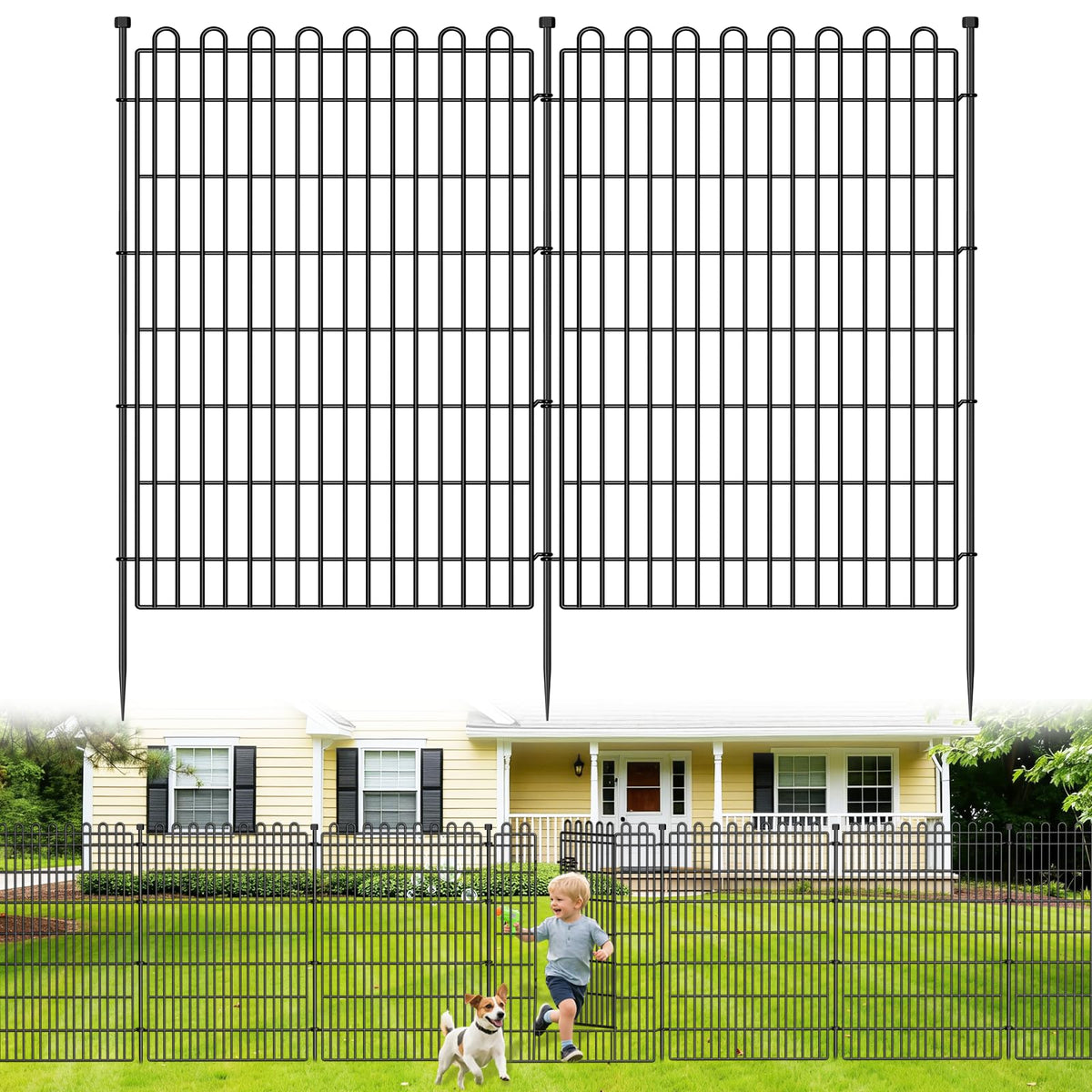 CLEASO 10-panel no-dig fence front view with gate for easy yard boundary and pet safety.