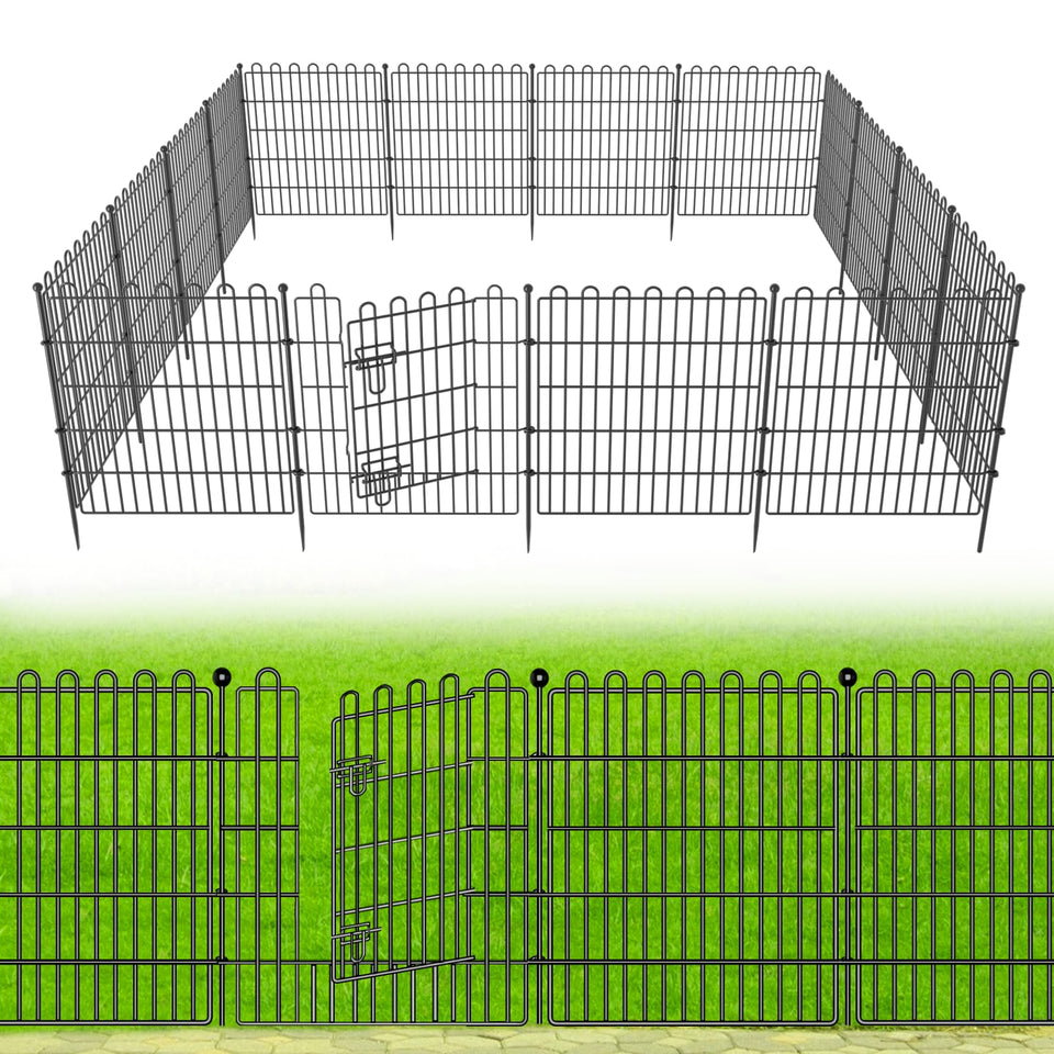 CLEASO 10-panel no-dig garden fence with gate laid out for yard boundary