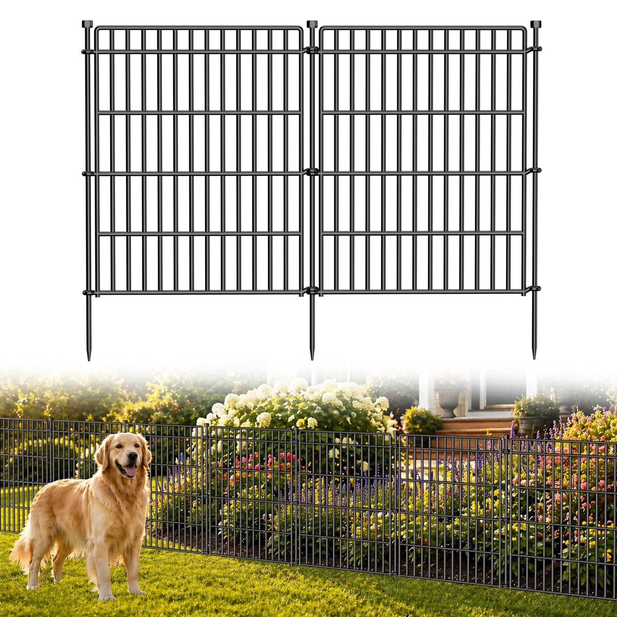 CLEASO 10-panel no-dig garden fence in black with easy installation protects flower beds.