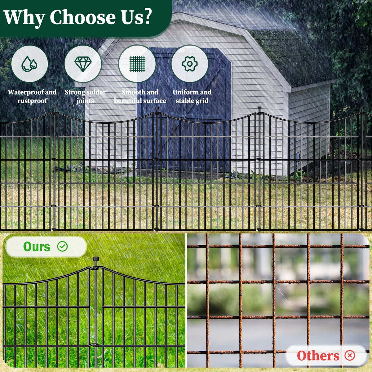 CLEASO 5-panel spear-top-pickets show elegant design that frames garden borders.
