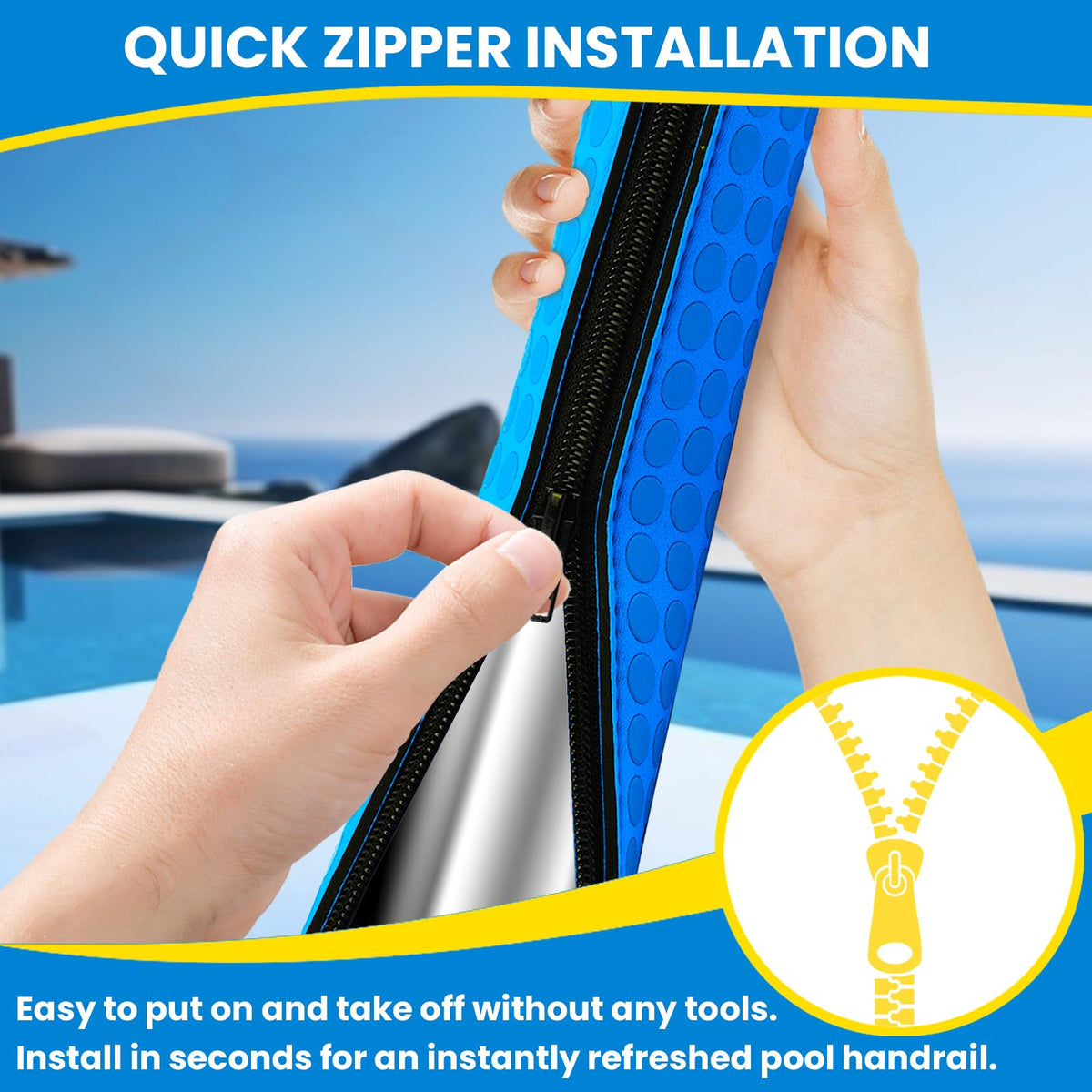 Clebay pool handrail cover with zipper closure enables quick installation
