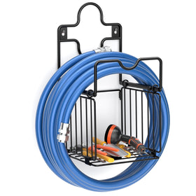 CLESOO garden hose holder wall-mount with storage basket keeps hoses organized.
