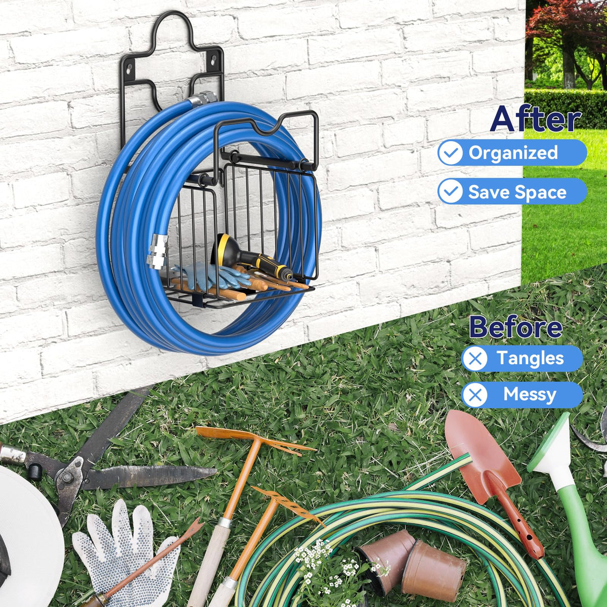 CLESOO multi-scenario hose storage fits garden, patio, and garage.