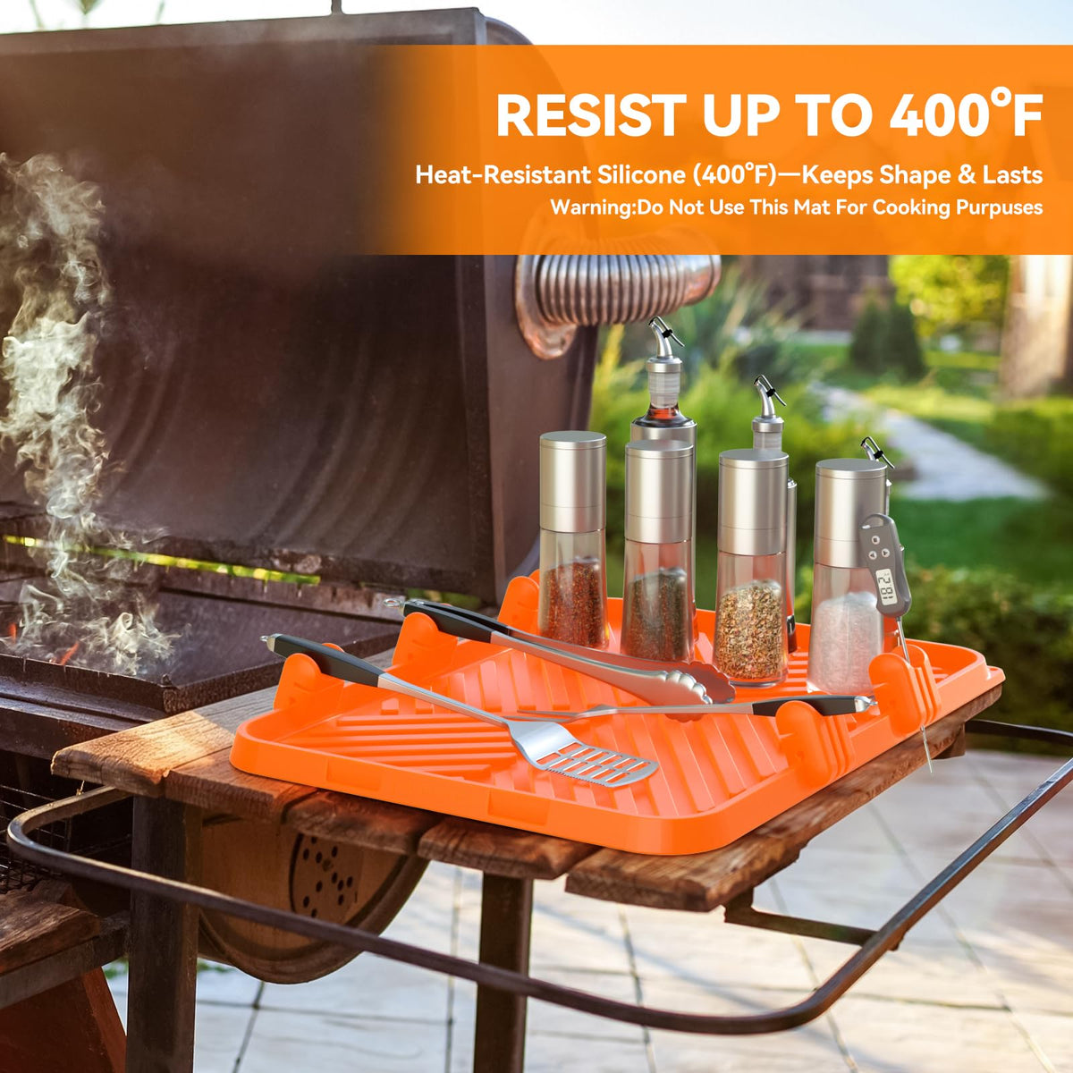 CLESOO silicone griddle tool mat multi-scene use on grill, kitchen, or campsite.