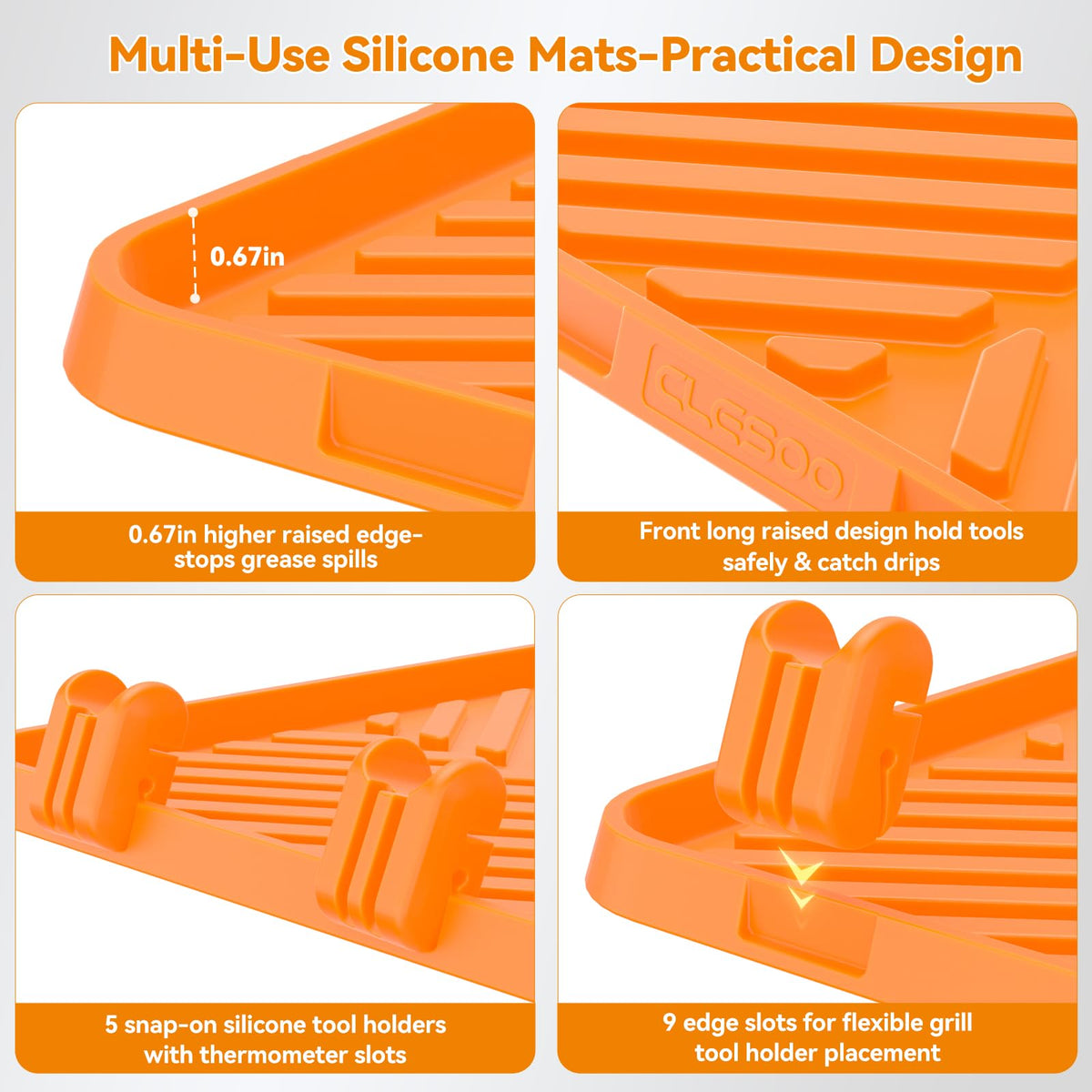 CLESOO silicone griddle tool mat non-slip underside stays put on greasy surfaces.