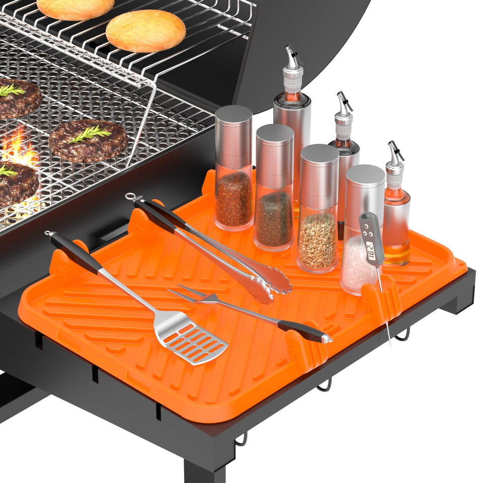 CLESOO silicone griddle tool mat side shelf setup keeps tools organized during grilling.