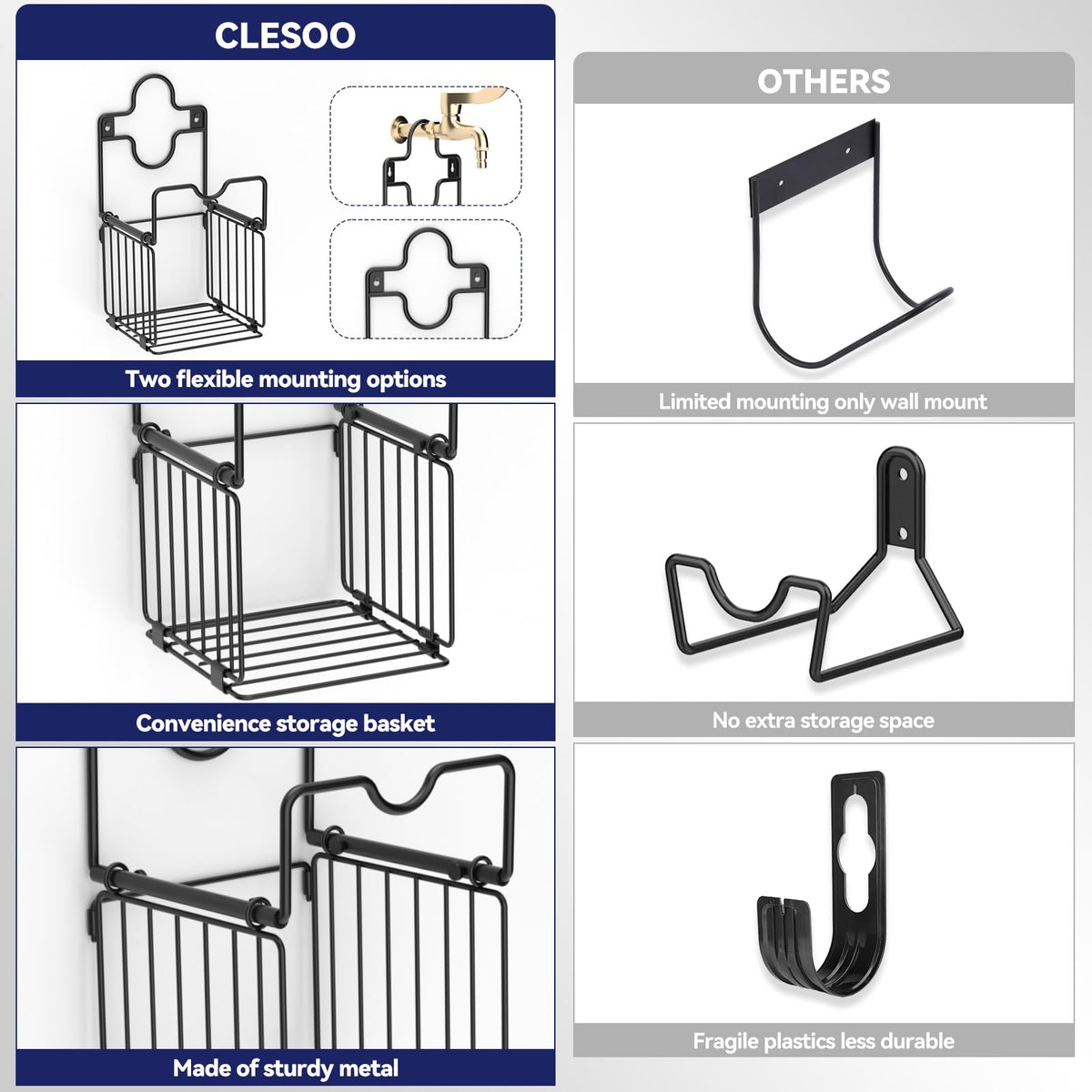 CLESOO space-saving hose hanger design reduces outdoor clutter.