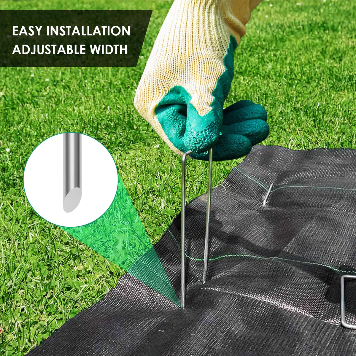Clevich weed barrier staples hold landscape fabrics firmly against shifting ground.