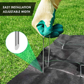 Clevich weed barrier staples hold landscape fabrics firmly against shifting ground.