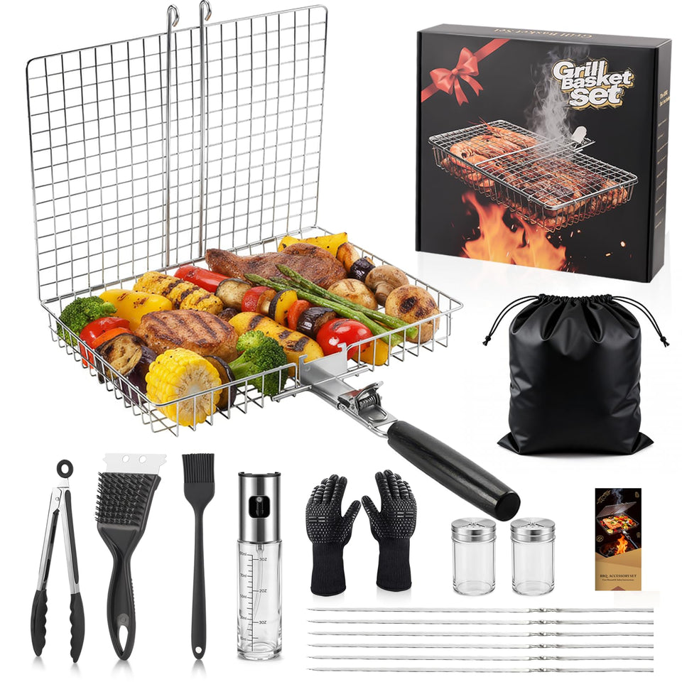 Clheatky 16in-1 grill basket for shrimp, vegetables, and fish on the grill.