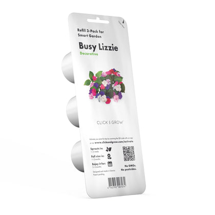 Click and Grow Busy Lizzie pods in a Smart Garden, ready for three-pack convenience.