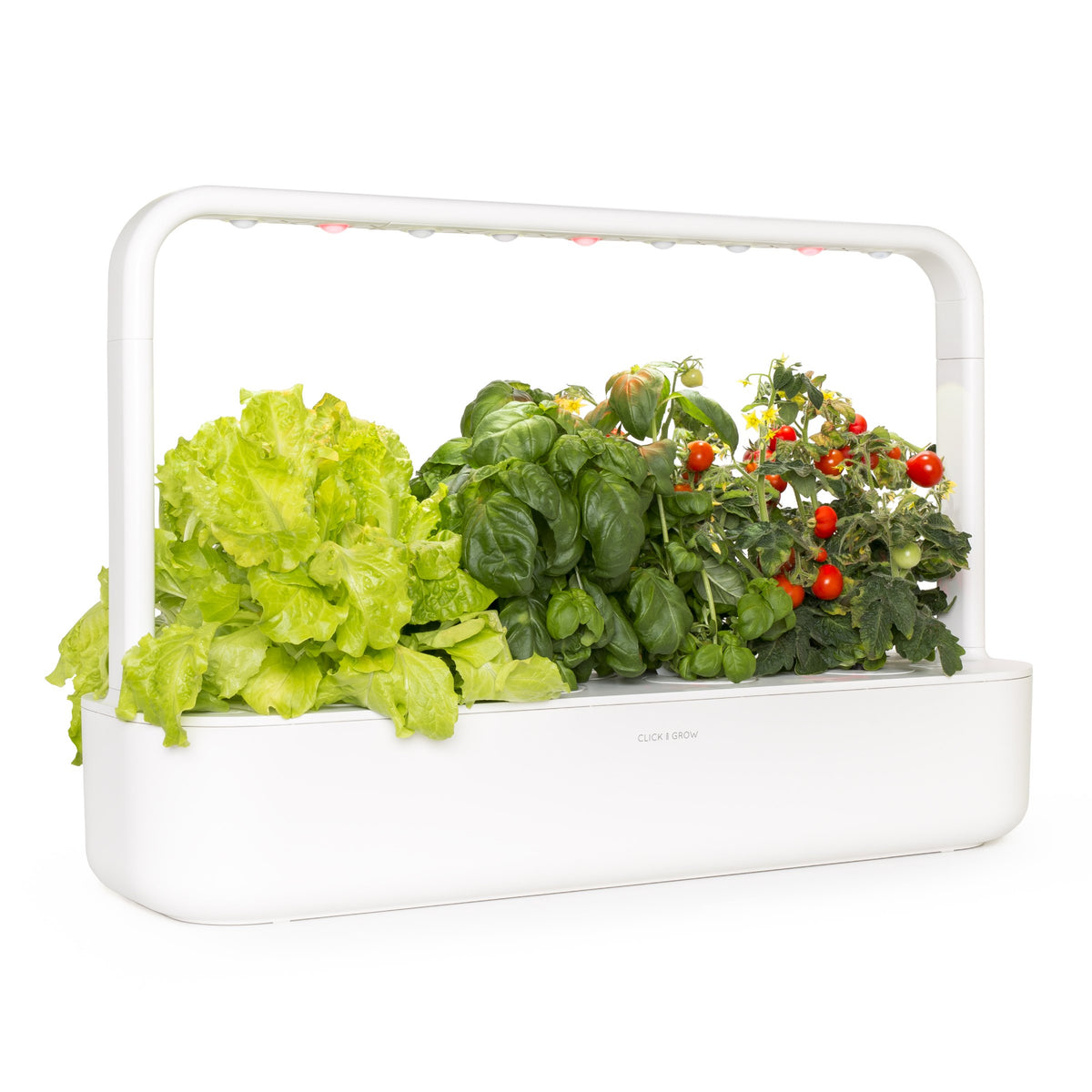 Click & Grow indoor garden kit with grow light showing year-round harvest