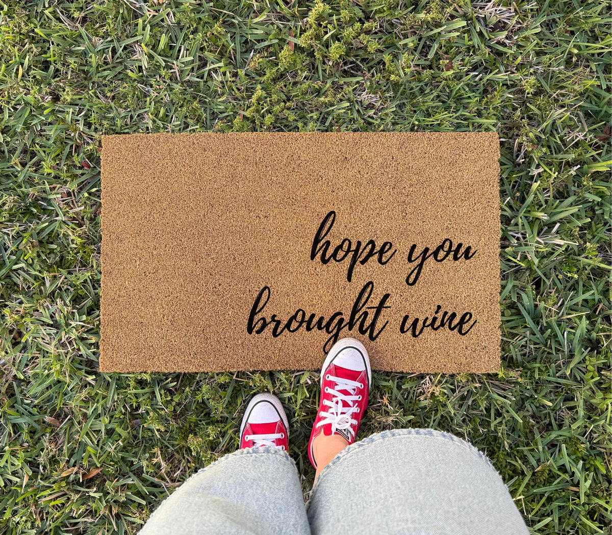 Clicked Craft Hope You Brought Wine doormat coir closeup highlighting texture for dirt scraping