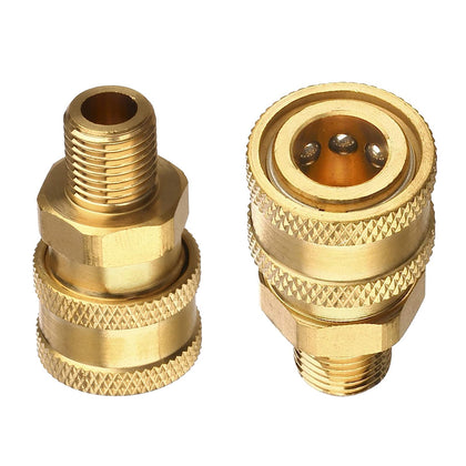 CLIO 3/8 NPT quick connect fittings show durable brass build for high-pressure cleaning tasks.