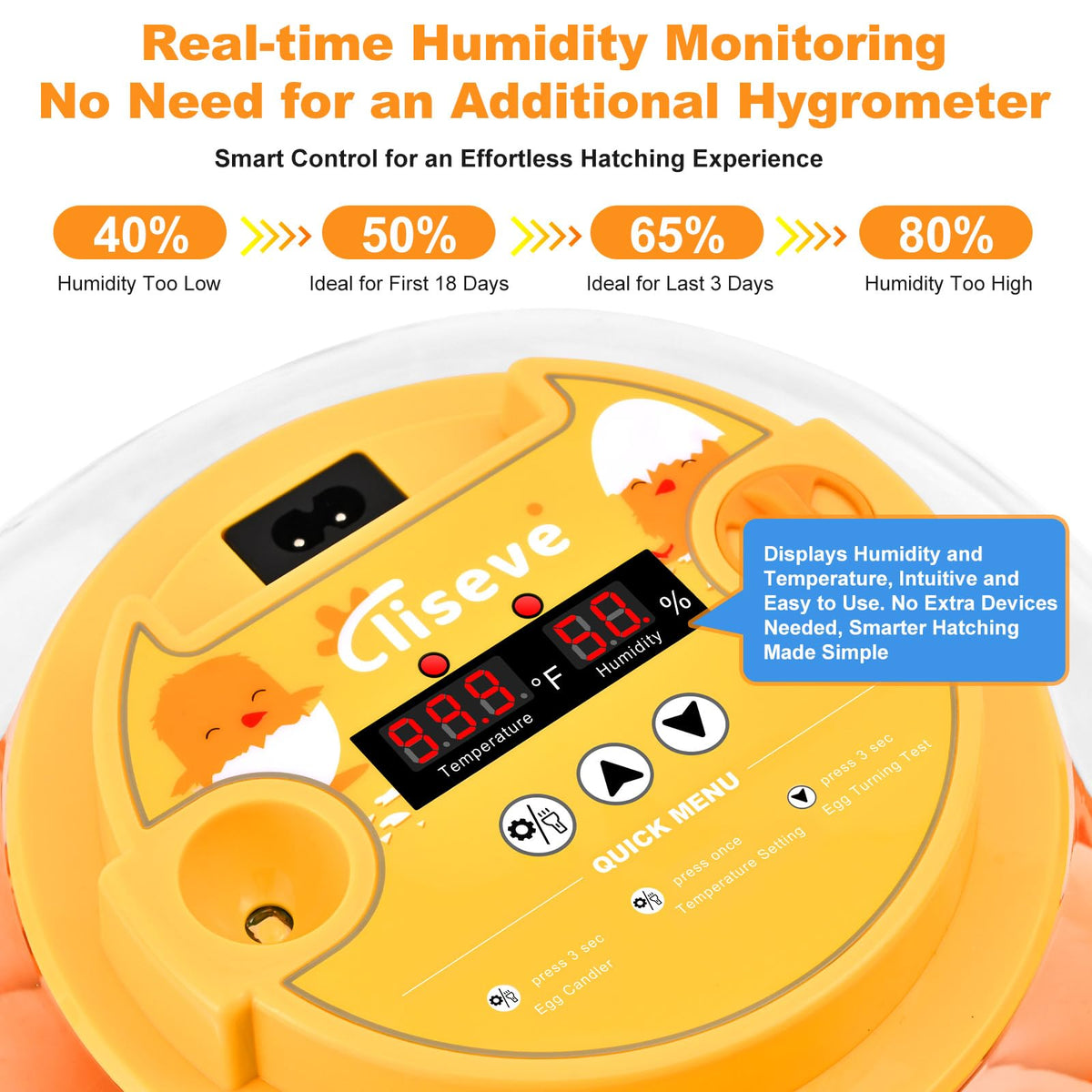 Cliseve incubator temperature and humidity display enables quick monitoring.