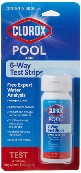 Clorox Pool & Spa 6-Way Test Strip pack with color chart for quick water testing.
