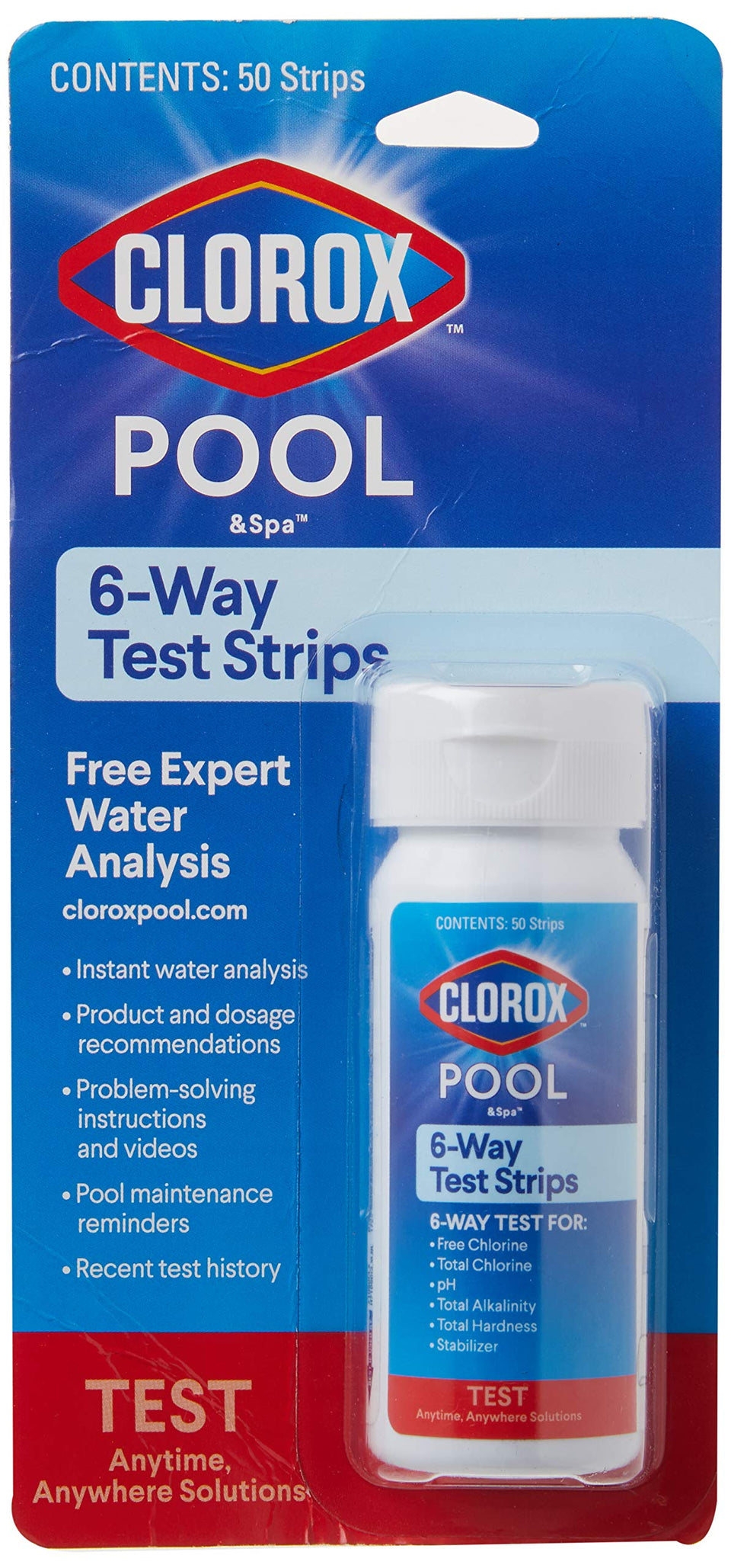 Clorox Pool & Spa 6-Way Test Strip pack with color chart for quick water testing.