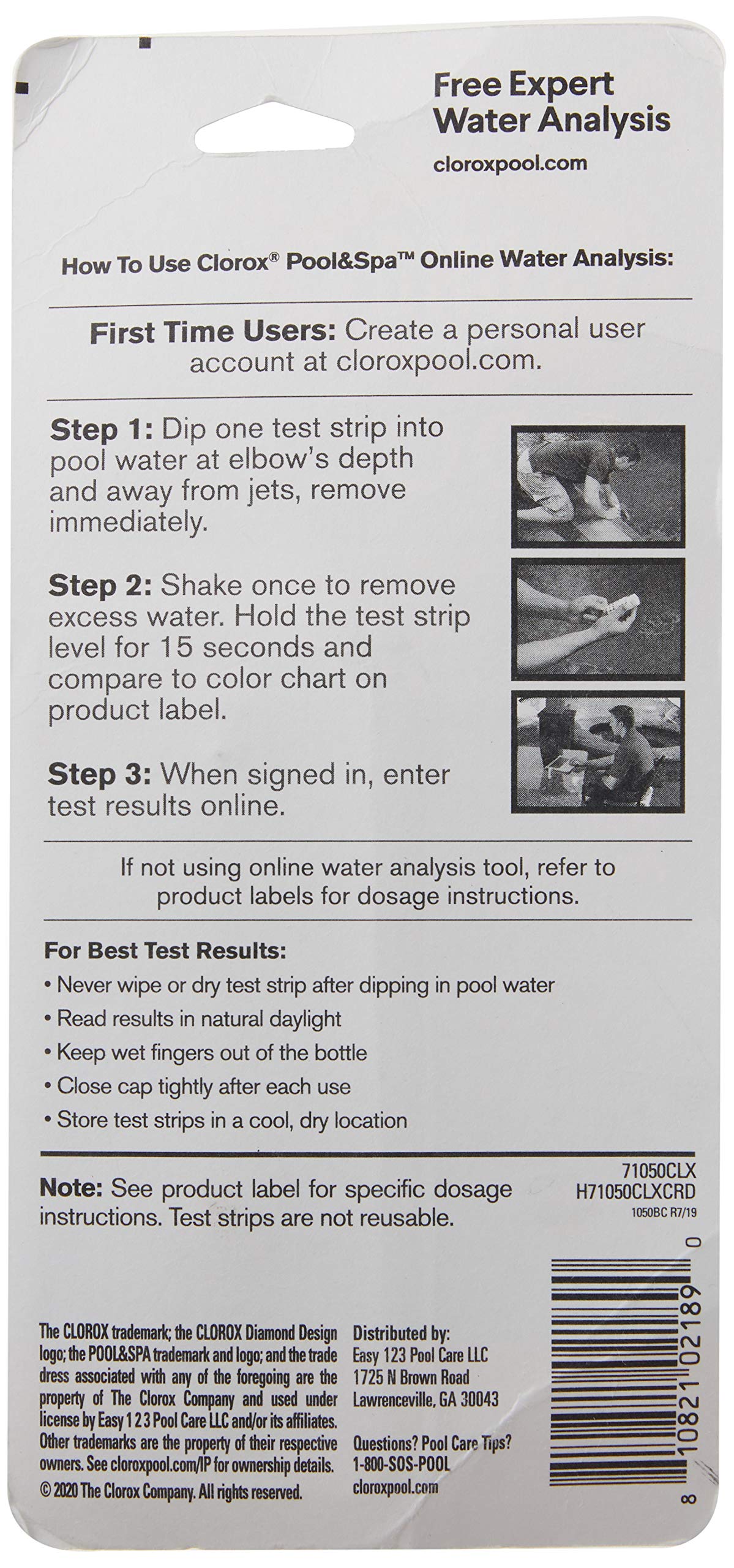 Close-up of Clorox Pool & Spa strips used to verify free chlorine and pH.