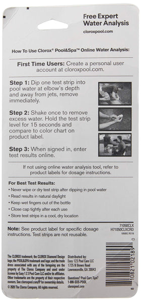 Close-up of Clorox Pool & Spa strips used to verify free chlorine and pH.