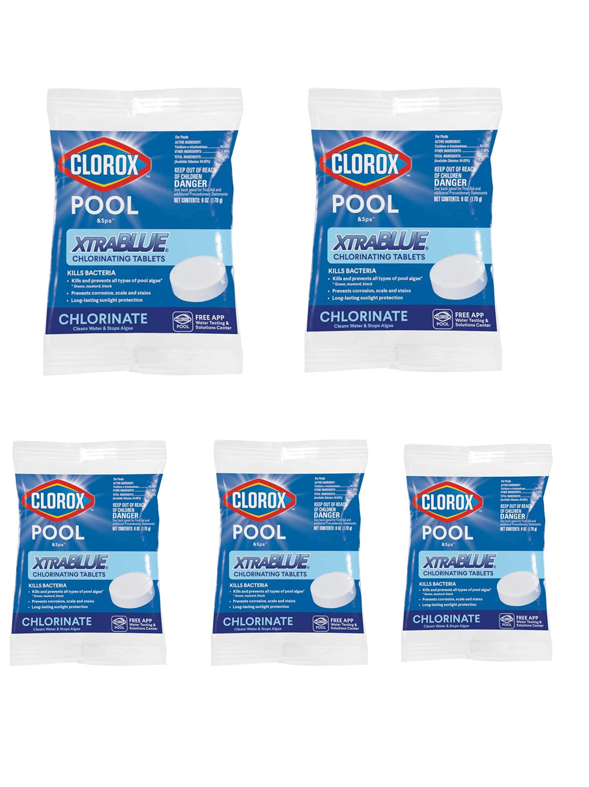 Clorox Pool&Spa XtraBlue 3-inch tablet shown for long-lasting pool sanitization and algae prevention.