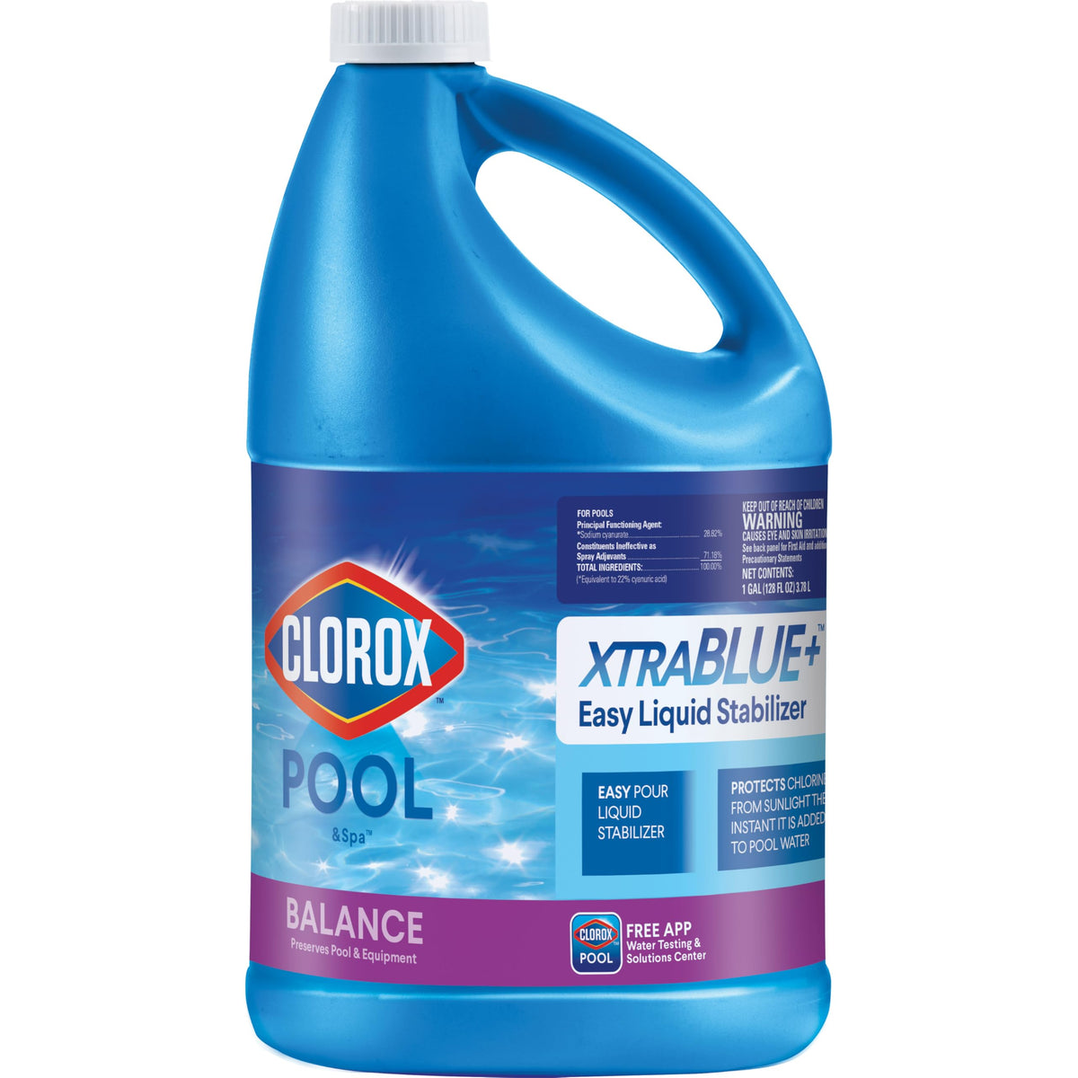 CLOROX Pool & Spa XtraBlue Plus stabilizer bottle poured to protect chlorine from sunlight.