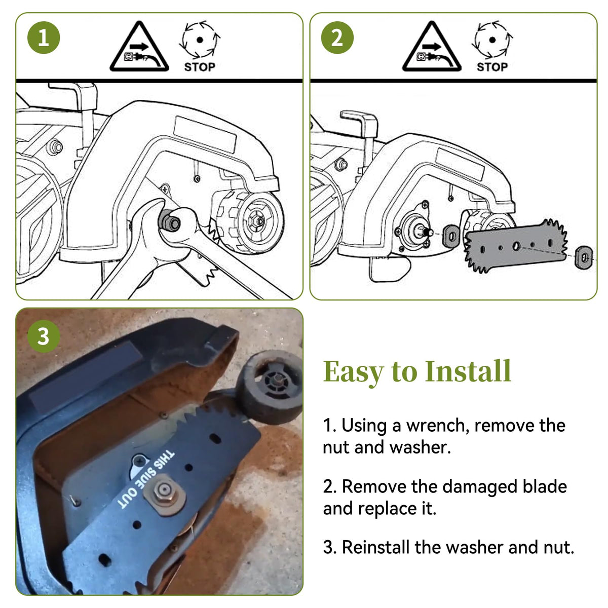 CLSR2U easy-install edger blades shown with quick swap design