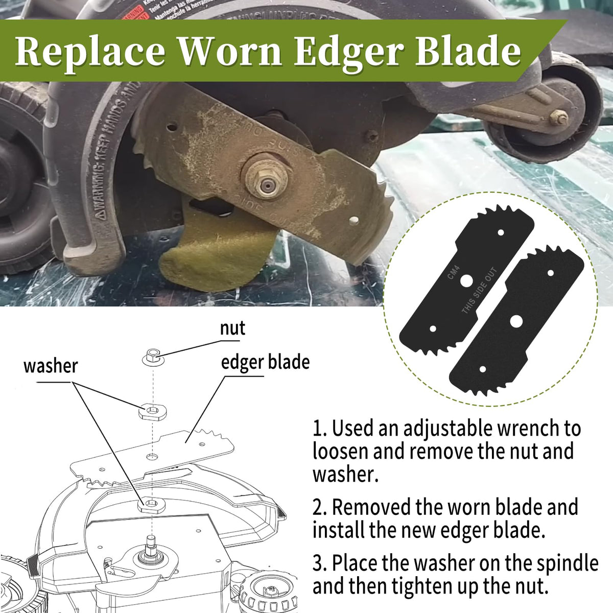 CLSR2U hardened steel edger blade delivers longer service life.