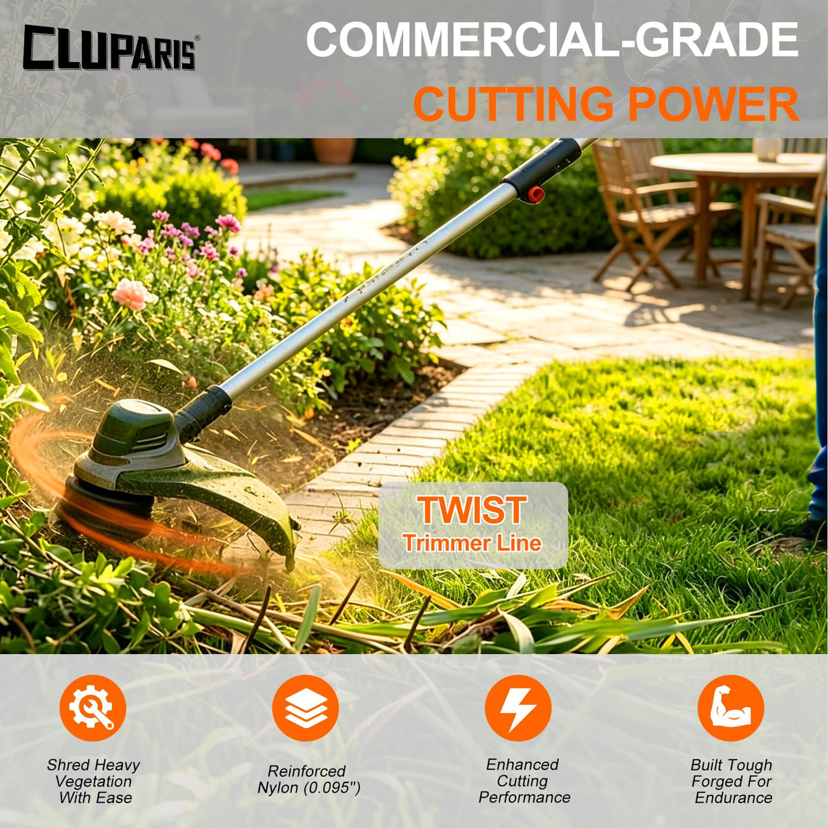 Cluparis 1765-foot spool length shown for fewer reloads during mowing and edging
