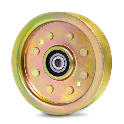 Cluparis idler pulley front view demonstrates durable steel build for deck reliability