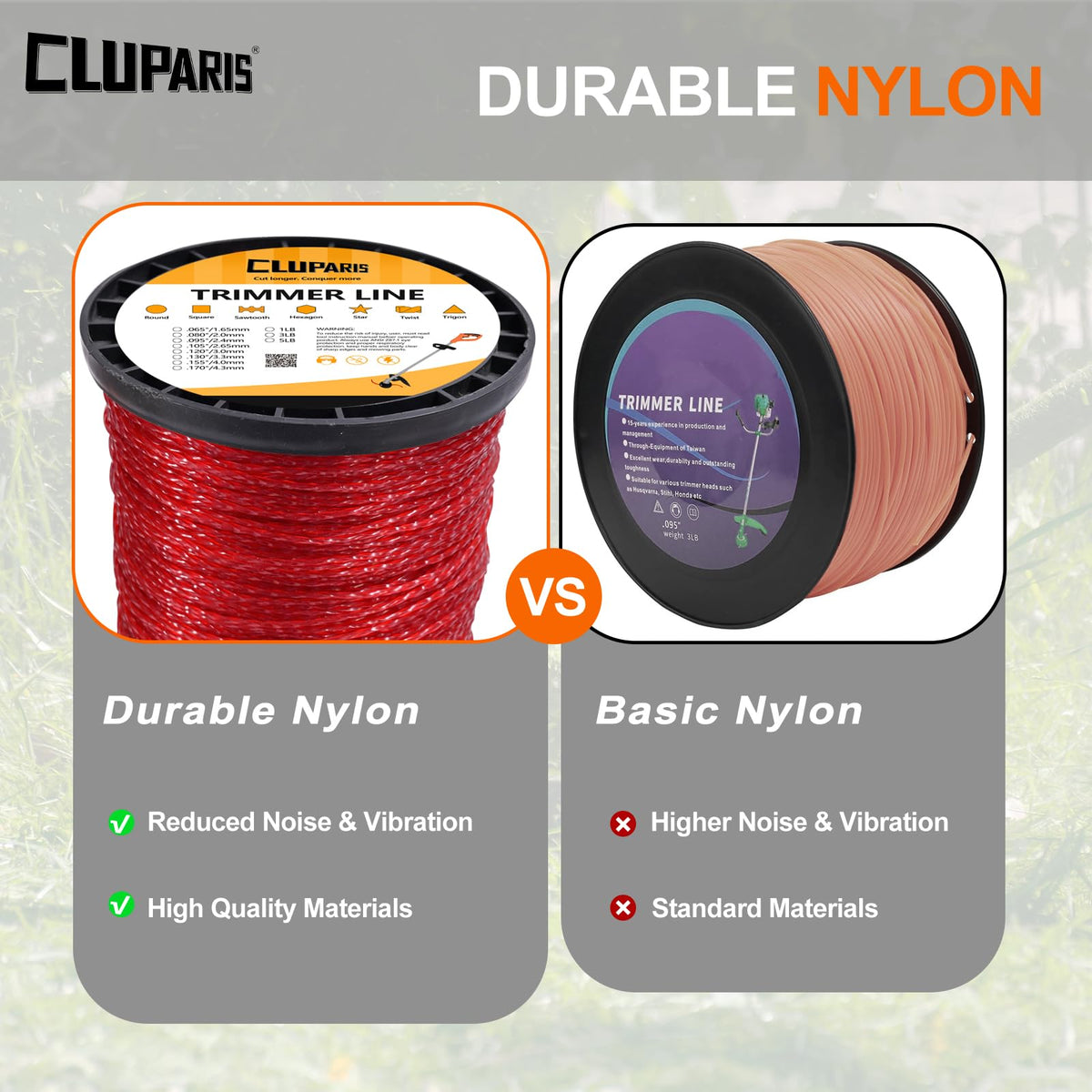 Cluparis red trimmer line color improves visibility while trimming around borders