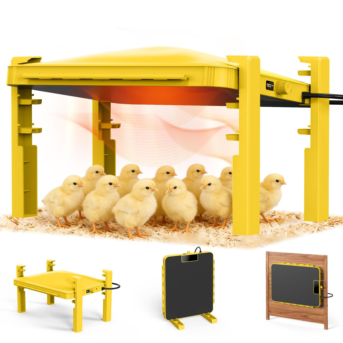 Cluzyyarda radiant heat panel over chicks providing gentle warmth.
