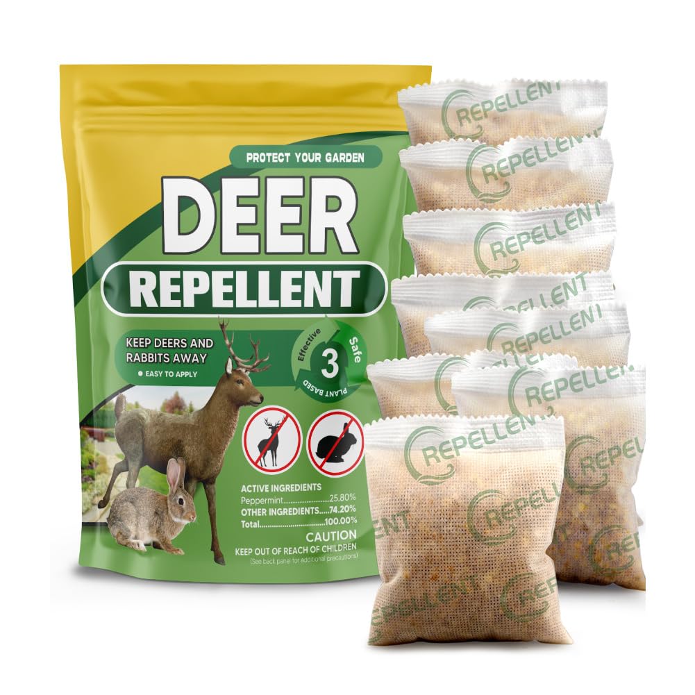CLVDOFSS deer repellent pouch on a plant to deter deer browsing.
