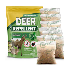 CLVDOFSS deer repellent pouch on a plant to deter deer browsing.