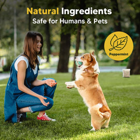 CLVDOFSS deer repellent pouch hanging near garden beds for long-lasting protection.
