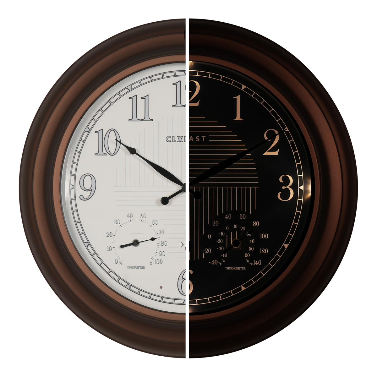 CLXEAST 24-inch illuminated clock, front view with warm backlight for dim spaces.