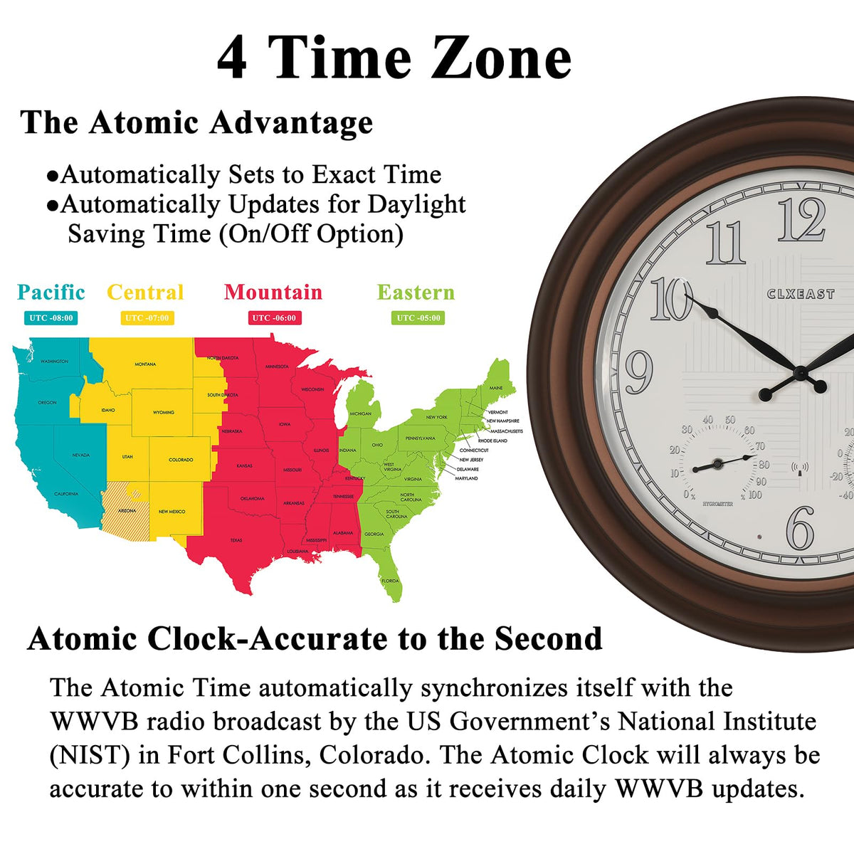 CLXEAST atomic time-sync with WWVB display for accurate timekeeping.