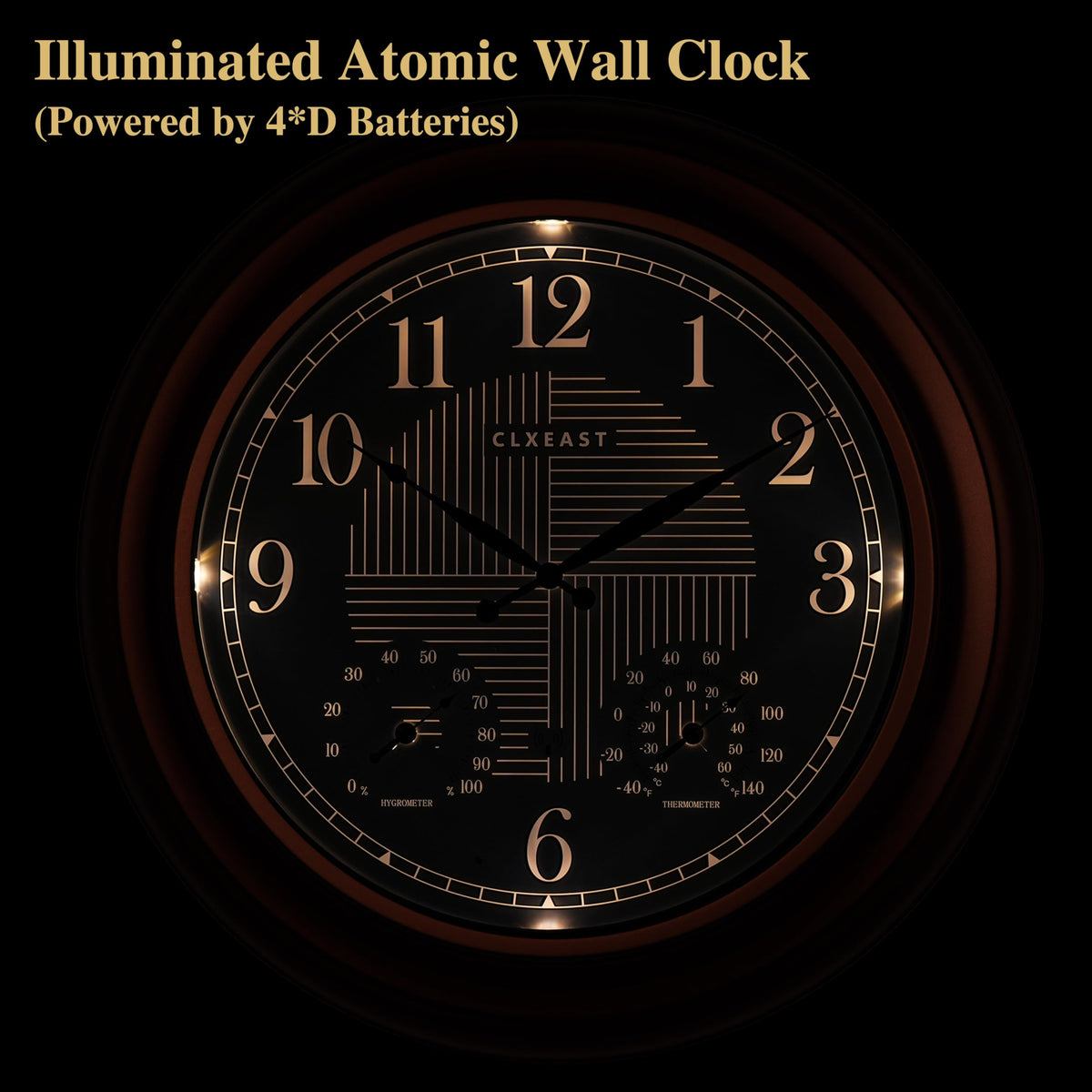 CLXEAST bronze-finish oversized clock seen from the side.
