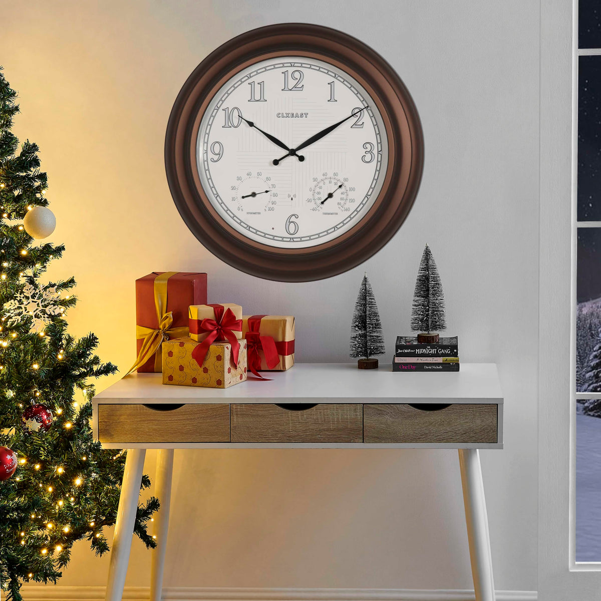 CLXEAST indoor-outdoor clock suitable for patio and living spaces.