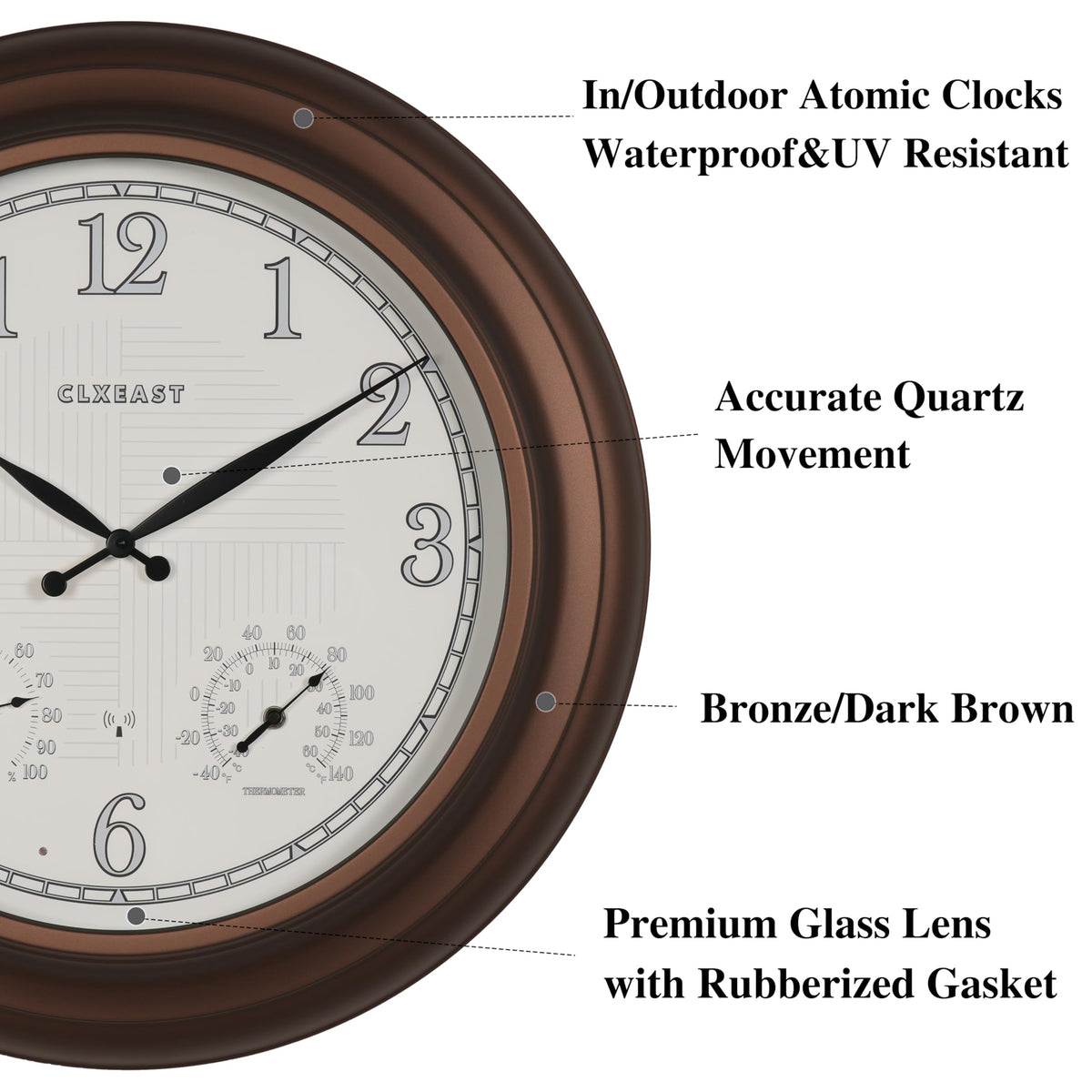 CLXEAST IP65 weatherproof clock ready for outdoor dial viewing.