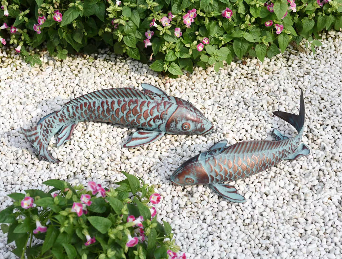 CLYB garden koi fish sculpture in antique copper finish for outdoor display