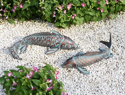 CLYB garden koi fish sculpture in antique copper finish for outdoor display
