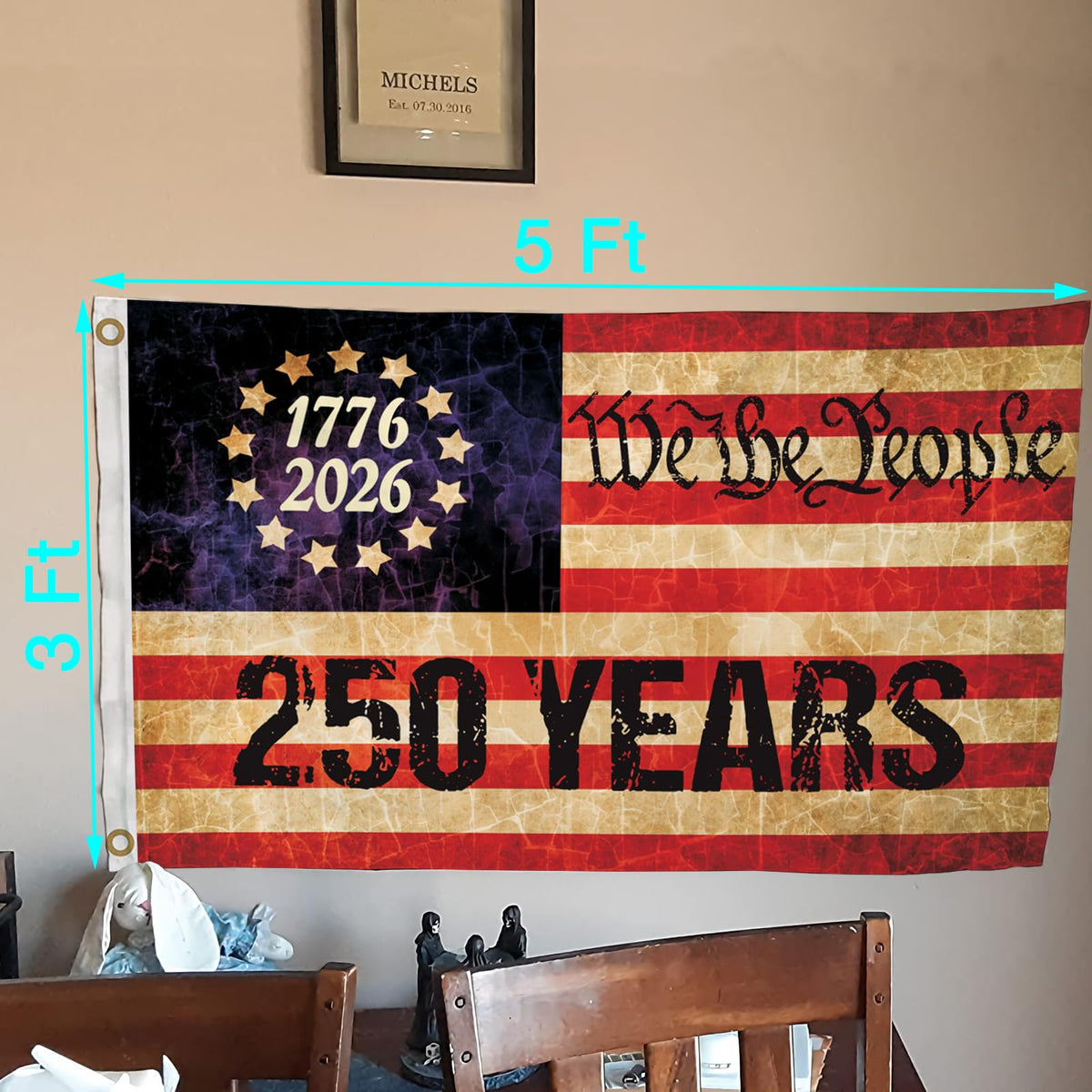 Storefront display featuring the CLYTTE 250th anniversary flag