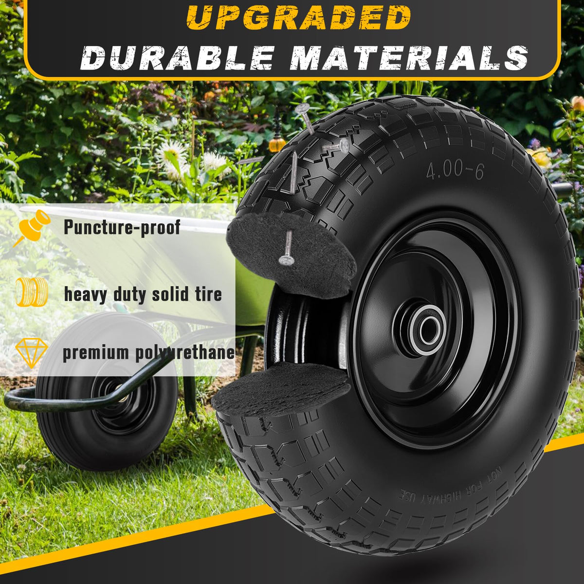 CMOOD 13-inch wheelbarrow tire demonstrates durable construction.