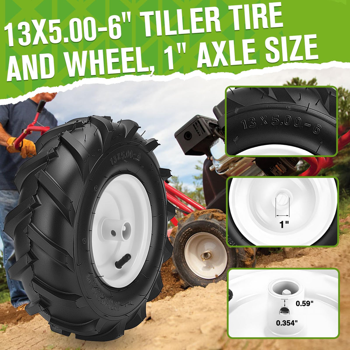 CMOOD 13x5.00-6 tiller tire mounted on garden tractor for replacement