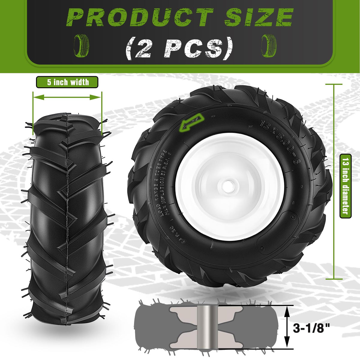 CMOOD 13x5.00-6 tiller tire right view highlights easy mounting with centered hub